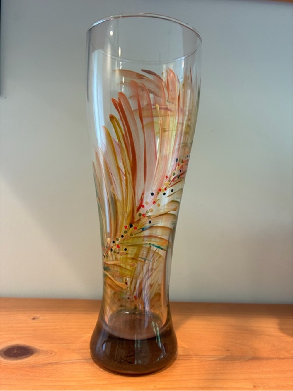 Hand Painted Pilsner Beer Glass Signed Abstract Feather Tail Dot Design